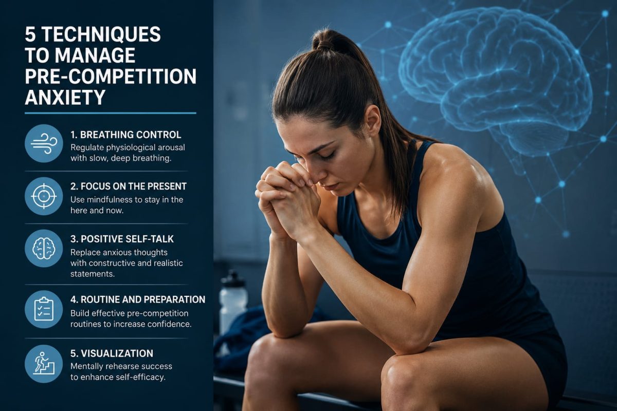 Athlete sitting in a locker room before competition with a focused and anxious expression, accompanied by scientific-style graphics and five mental techniques to manage pre-competition anxiety, including breathing control, mindfulness, positive self-talk, routines, and visualization.