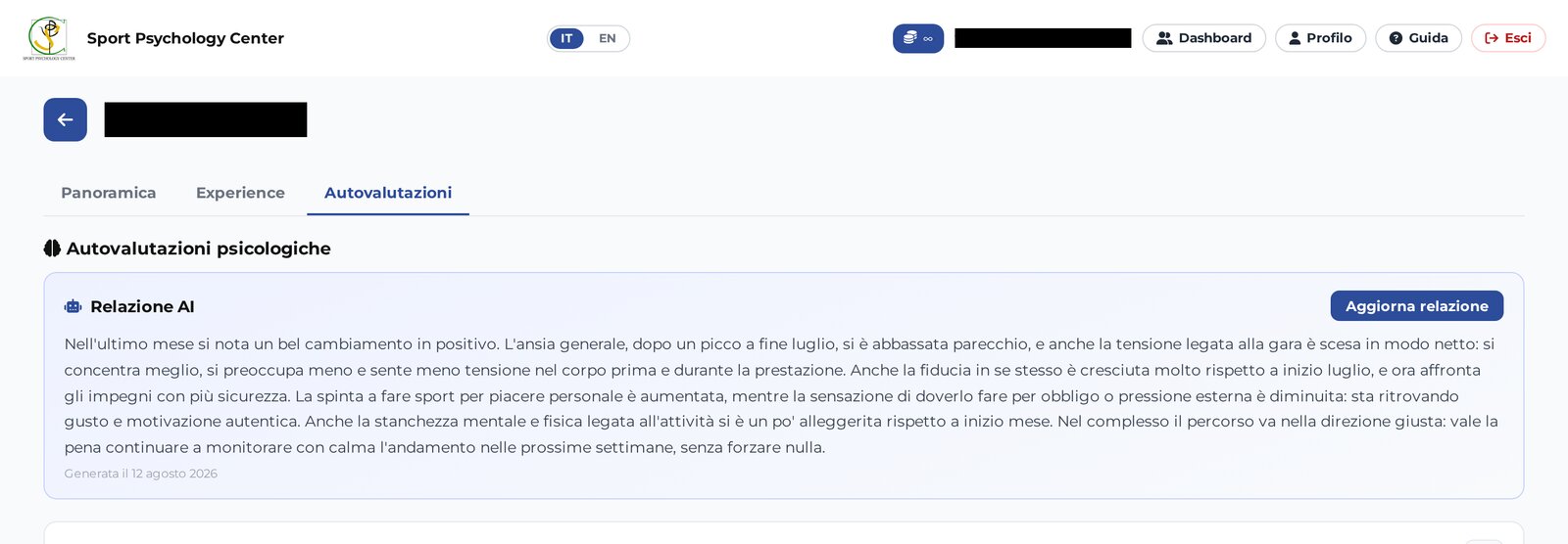 Autovalutazioni psicologiche condivise nella scheda atleta dell'app SPC