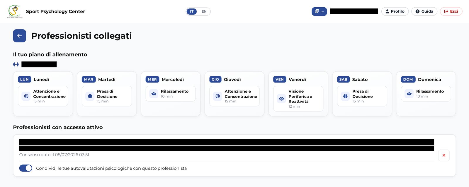 Piano di lavoro settimanale assegnato dal professionista nell'app SPC
